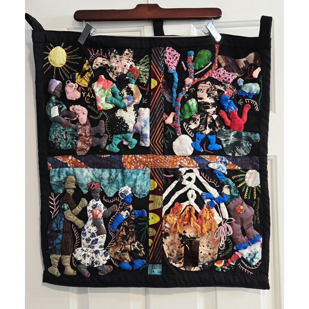Vintage Weya Zimbabwe Folk Art Story Quilt Applique Textile Wall Hanging 21x25